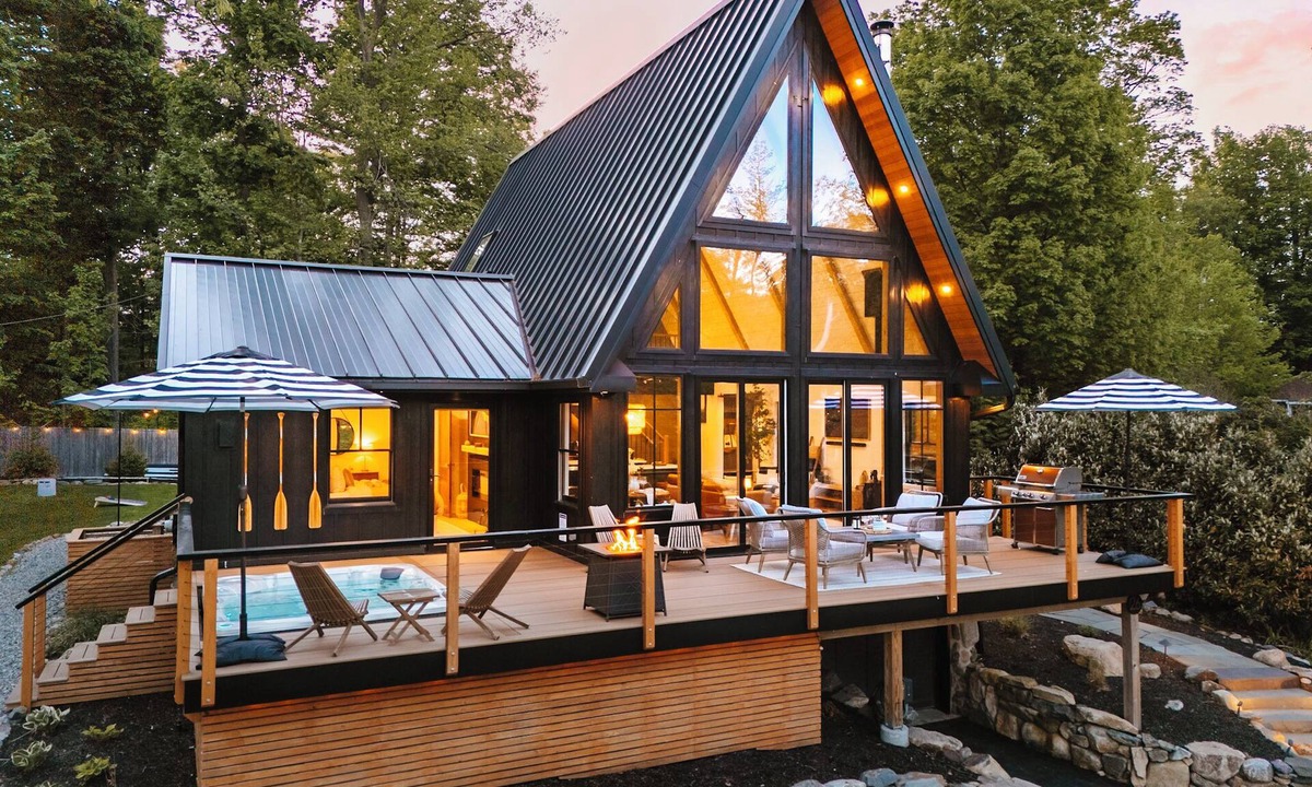 West Milford Cabin | Luxury Lake A-Frame Hot Tub + Game Room + Sauna