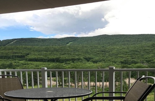 Lincoln Apartment | River Walk Resort at Loon studio, kitchenette, balcony, mount, river view, 5 fl