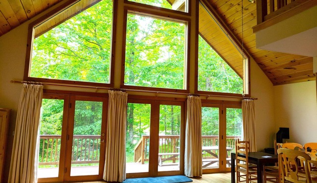 3BR Riverfront Log Home with Steam Sauna, Soaring Glass Wall & Private Forest