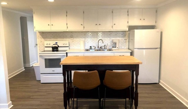 Bright open studio apartment with king bed and queen sofabed. Walk to local shops and restaurants.