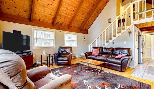 Lakefront dog-friendly home with dock, waterfront deck, wood fireplace, & W/D