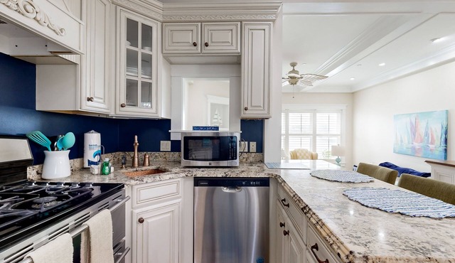 Oceanfront condo with fireplace, central AC, grill, washer/dryer & shared dock