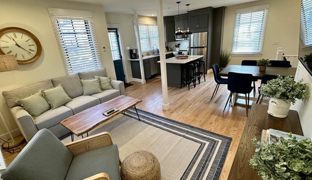 Stunning downtown Newport RI vibes in this stunning renovated 2BR apartment off Historic Thames Street! 2 queen beds + pull-out sofa (sleeps 6), full stocked kitchen, private deck entry, AC, 2 TVs, off-street parking. Steps to dining, wharfs. Enjoy!