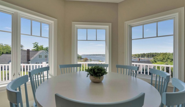 The Hill is a Luxury 5-bedroom retreat with panoramic ocean views from almost every room, just 0.2 miles from Cape Neddick Beach. One-level living with ramp access, roll-in showers, and grab bars makes it ideal for multigenerational beach stays.